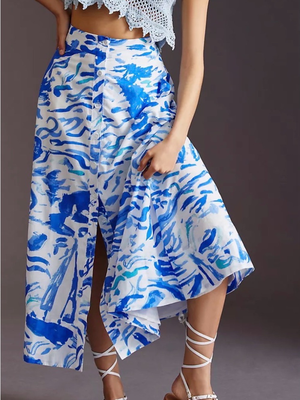 Anthropologie Maeve A-Line Nautical Blue White Printed Maxi Skirt 100% Cotton